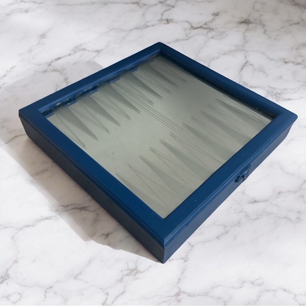 Vintage MidCentury Mirror Box - Backgammon Game Case in Blue Framed - rare